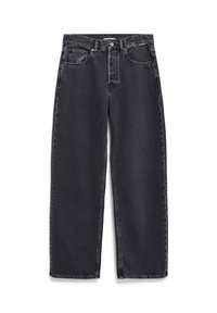 Jean en denim noir à jambe droite avec cinq poches, fermeture par bouton, et coutures visibles, posé à plat sur un fond blanc.