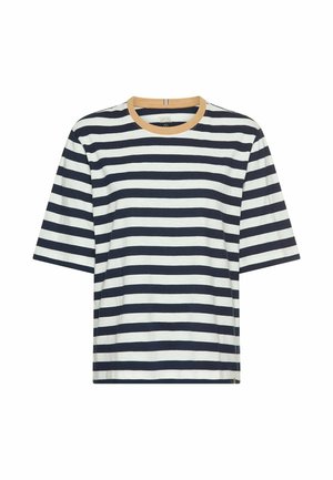 Striped short-sleeve t-shirt in navy and white, featuring a round, contrasting tan collar and a relaxed fit. Soft fabric texture.