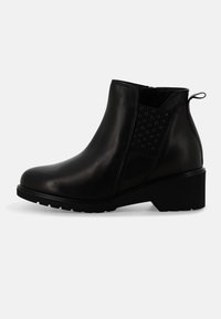 Stivaletti alla caviglia in pelle nera con pannello texturizzato, punta arrotondata e tacco basso a blocco; dotati di chiusura con zip e suola in gomma resistente.