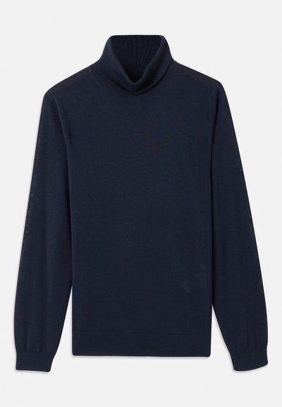 Navyfarbener Rollkragenpullover aus glattem Stoff, mit einem gerippten Kragen und langen Ärmeln mit enganliegendem Bündchen. Einfaches Design ohne Muster.