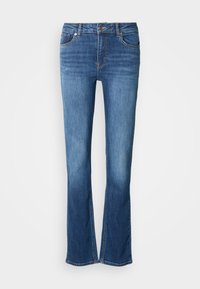 Mėlyni džinsai iš džinso audinio, tiesaus kirpimo, su penkiomis kišenėmis, užtrauktuku ir vienu mygtuko užsegimu. Švelnus išblukimas virš kelių.