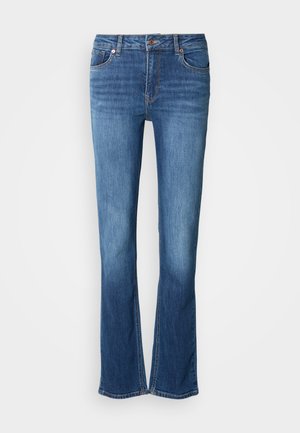 Niebieskie dżinsy o prostym kroju, z pięcioma kieszeniami, zamkiem błyskawicznym i pojedynczym zapięciem na guzik. Delikatne przetarcia nad kolanami.