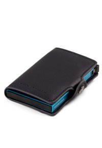 Compact black textured wallet with blue metal cardholder partially visible, secured by a snap button on a white background.