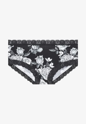 Zwarte kanten slipjes met bloemenrand, versierd met een ontwerp van een witte roos en pioenroos, gemaakt van zachte stof met een gegolfde rand.