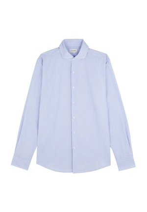 Light blue button-up shirt with white vertical stripes, point collar, long sleeves, and rounded hem. Features plain white buttons.