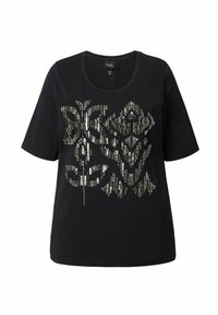 Camiseta negra de manga corta con un diseño de patrón geométrico hecho de lentejuelas metálicas en tonos plateados y dorados.