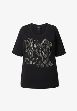 T-shirt nera a maniche corte con un design geometrico realizzato in paillettes metalliche nei toni argento e oro.