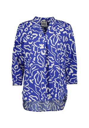 Blauwe blouse met witte bloemen- en abstracte patronen, lange mouwen en een mandarinnekraag. Beschikt over een gebogen zoom en lichtgewicht materiaal.