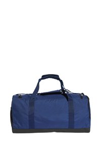 Borsa duffel blu realizzata in tessuto resistente, con due manici superiori, chiusura con zip e una base nera per maggiore stabilità.