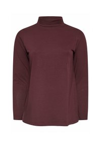 Bordowa koszulka z długim rękawem i wysokim dekoltem, wykonana z miękkiego materiału. Charakteryzuje się gładką fakturą i luźnym krojem, bez widocznych wzorów czy akcentów.