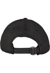 Svart caps med en strukturert form, stoff med tekstur, justerbar stropp bak og brodert detalj over stroppen.