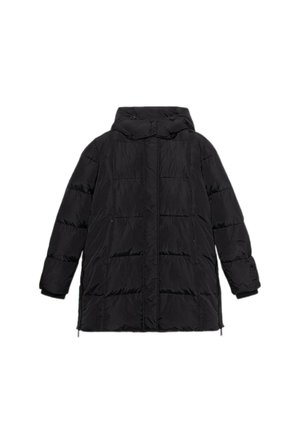 Czarna kurtka puchowa z kapturem, zapinana na zamek błyskawiczny z przodu i elastycznymi mankietami. Posiada pikowany wzór z widocznymi strefami stębnowania.