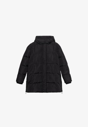 Czarna kurtka puchowa z kapturem, zapinana na zamek błyskawiczny z przodu i elastycznymi mankietami. Posiada pikowany wzór z widocznymi strefami stębnowania.