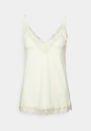 Krémová saténová nátělník s krajkovým lemem na výstřihu a lemu, s tenkými nastavitelnými ramínky.