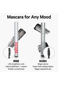 Two Milk Makeup mascaras: Rise with smaller curved brush for length and curl, Kush with bigger tapered brush for mega volume and thick lashes.