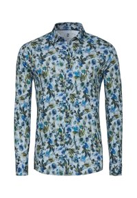 Langarm overhemd met een blauw en groen bloemenpatroon op een lichte achtergrond, gemaakt van lichtgewicht stof.