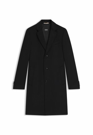 Black tailored coat with a notched collar, three front buttons, and side pockets. Features buttoned cuffs and a smooth texture.