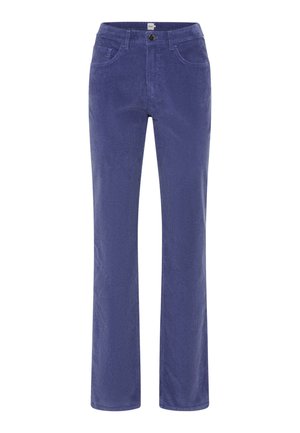 Slate blauwe corduroy broek met een rechte pijpdesign, voorzien van twee voorkruiken en een enkele knoopsluiting aan de taille.