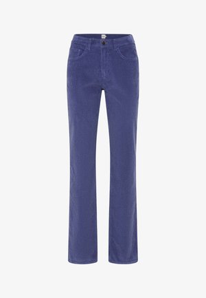 Pantaloni in corduroy blu ardesia con design a gamba dritta, dotati di due tasche frontali e chiusura con un bottone in vita.