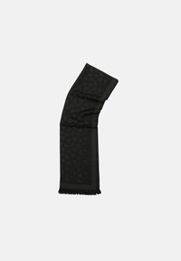 Black scarf featuring a subtle pattern of interlocking circles, finished with fringed ends and a smooth texture. Rectangular shape.
