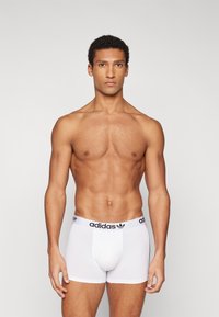 White cotton boxer briefs with a black Adidas logo on the waistband, fitted design, and smooth texture. Model standing upright, no top.