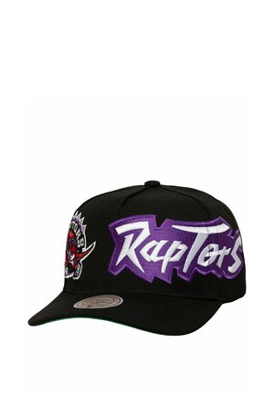Black cap with a curved brim, featuring a red and white embroidered logo and purple lettering saying "Raptor's" on the front.
