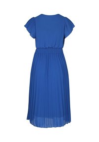 Robe bleue mi-longue avec jupe plissée, manches courtes volantées, taille élastique et col rond vue de dos.
