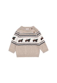 Maglione beige lavorato a maglia con un motivo a zigzag, dettaglio a bottoni sulla spalla e motivi di trattori con alberi in verde scuro e marrone.