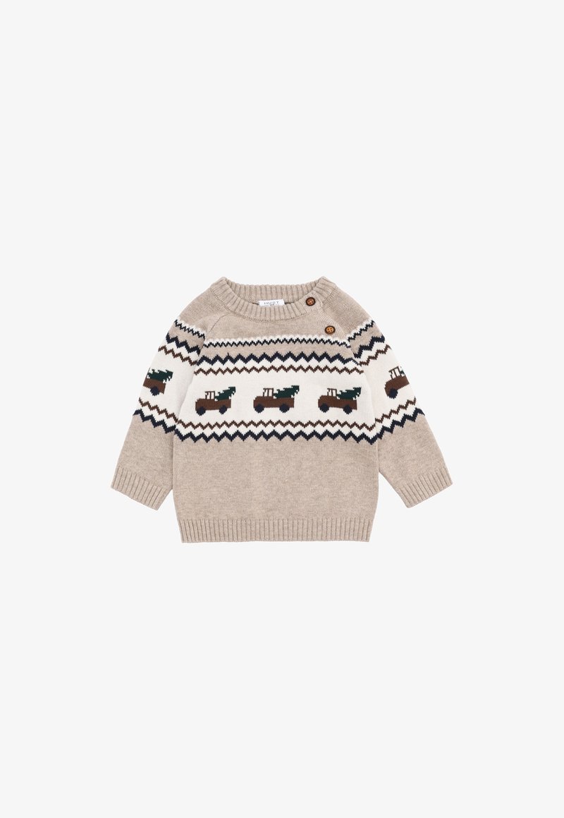 Maglione beige lavorato a maglia con un motivo a zigzag, dettaglio a bottoni sulla spalla e motivi di trattori con alberi in verde scuro e marrone.