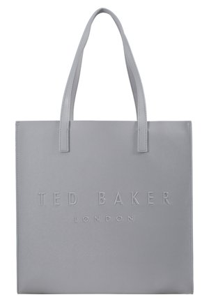 Šedá syntetická taška přes rameno s vyraženým logem "TED BAKER LONDON", obdélníkový tvar a dvojité ramenní popruhy. Hladká textura, minimalistický design.