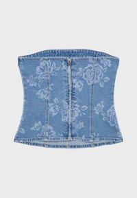 Top corset en denim bleu sans bretelles avec fermeture éclair devant et motif floral discret.