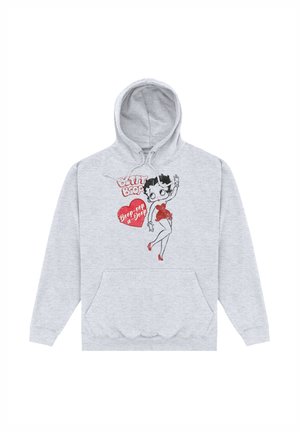 Szara bluza z kapturem z graficznym nadrukiem postaci w czerwonym stroju, z kieszenią i sznurkiem do ściągania. Nadruk wykonany techniką sitodruku, w luźnym kroju.