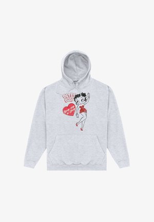 Sudadera gris con un diseño gráfico de un personaje vestido de rojo, con un bolsillo y capucha con cordón. Diseño serigrafiado, corte casual.