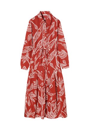 Red dress made of fabric featuring white leaf patterns. It has a collar, long sleeves, a tie waist, and a flared skirt design.