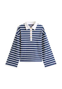 Polo a righe blu navy e bianche con maniche lunghe, colletto bianco e quattro bottoni dorati lungo il davanti. Materiale in cotone morbido.