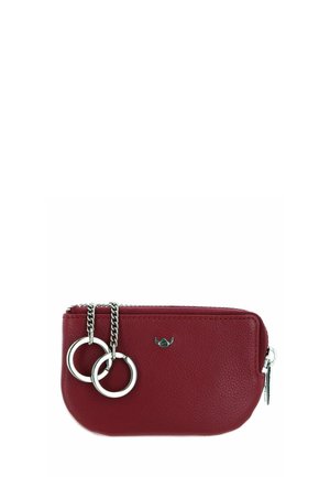 Petit étui en cuir bordeaux texturé avec fermeture éclair argentée et deux anneaux de clés argentés reliés par une courte chaîne.