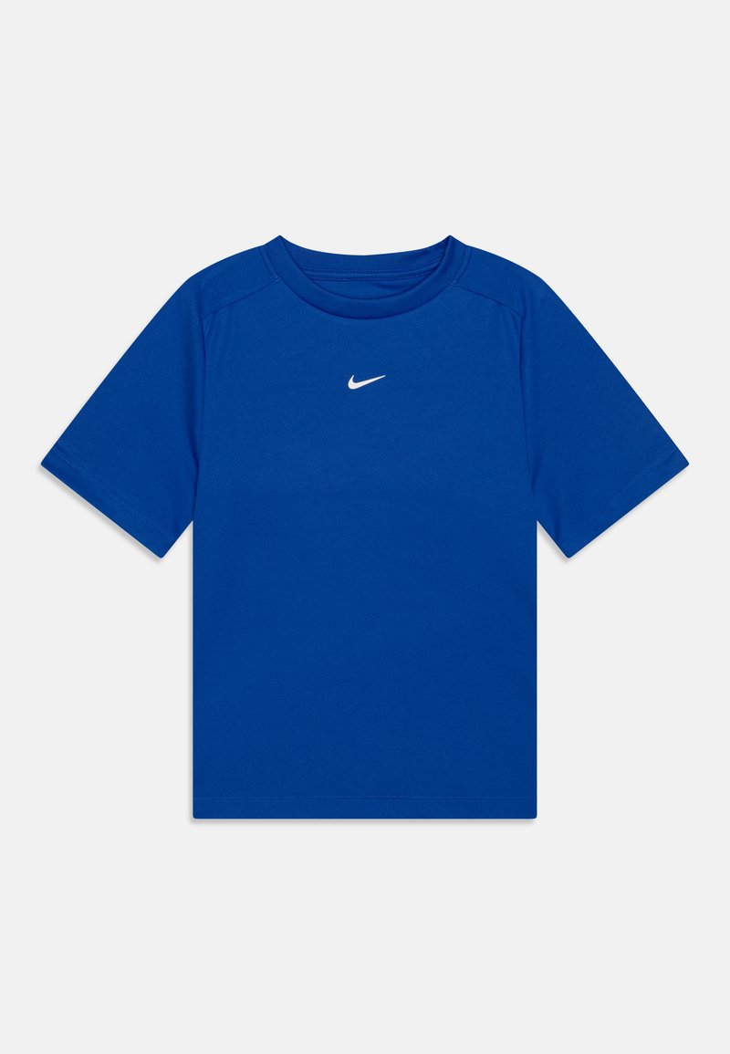 Blå kortærmet T-shirt lavet af glat stof, med et hvidt Nike-logo på brystet. Klassisk crew neck-design.