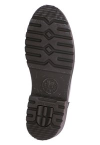 Semelle de chaussure en caoutchouc noir avec un motif texturé, présentant un logo circulaire et un détail d'amortisseur, conçu pour l'adhérence et la durabilité.