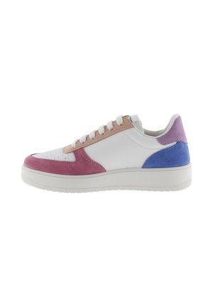White low-top sneaker with pink, beige, purple, and blue suede accents and white laces, viewed from the side.