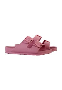 Pink sandals with two adjustable straps, made of smooth plastic material. Features a textured footbed and a sturdy rubber sole.