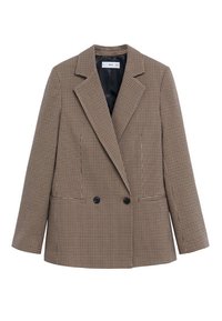 Blazer croisé marron et beige à motif pied-de-poule avec revers crantés et deux boutons noirs, entièrement doublé noir.