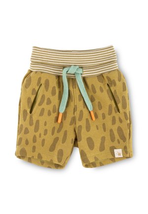 Light brown shorts with darker spotted pattern, striped waistband, mint drawstring, and two side pockets. Cotton material with logo patch.