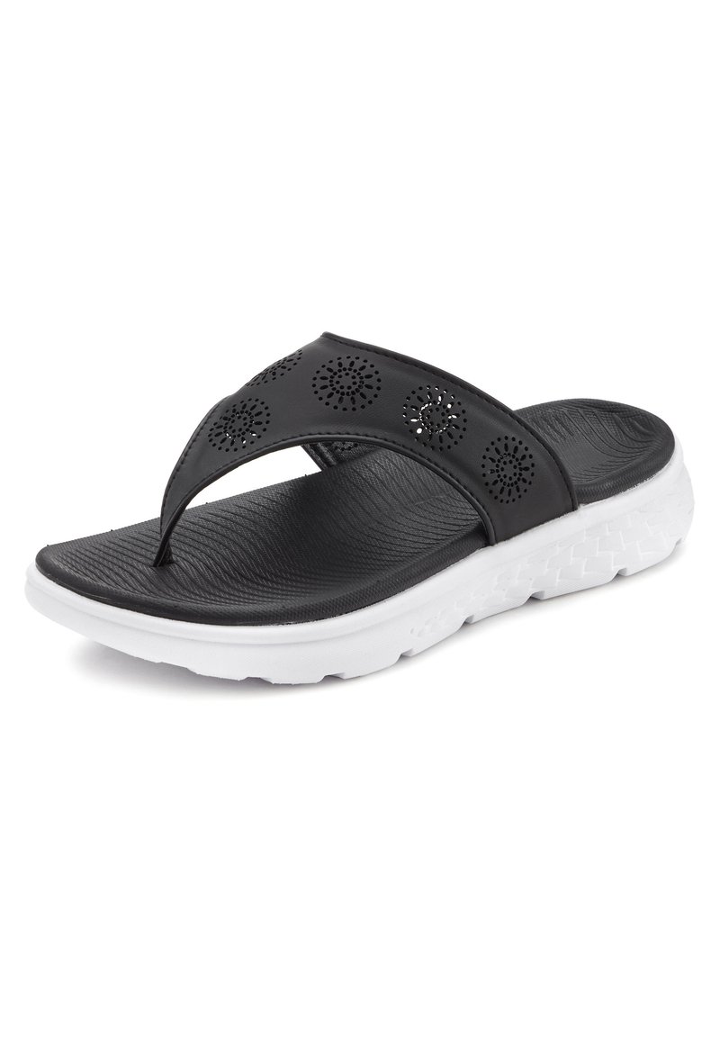 Musta flip-flop sandaali, jossa on rei'itetty päällinen, uriteltu pohja ja valkoinen synteettinen pohja, jossa on geometrinen kuosi.