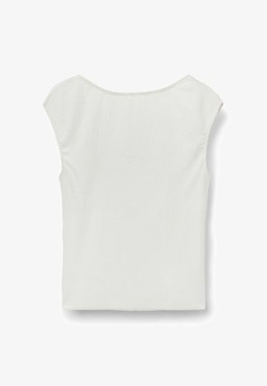 Witte, korteblauwe top van textured stof. Heeft een ronde halslijn en een ontspannen pasvorm, met een gladde afwerking en geen zichtbare sluitingen.