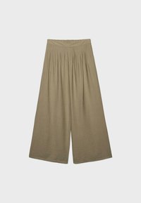 Pantalon beige à jambes larges et taille haute avec des détails plissés sur le haut, fabriqué dans un tissu léger et texturé.