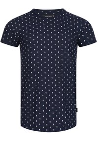 Camiseta de manga corta en algodón de color azul marino con estampado de diamantes blancos. Cuello redondo, dobladillo recto y una pequeña etiqueta de logo en el lateral.