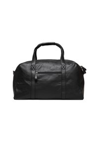 Black leather duffel bag with double handles, a zippered front pocket, and smooth texture. Features stitching accents along the seams.