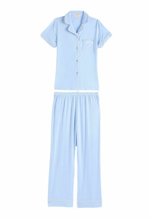 Hele sinine lühikeste varrukatega nööbitav pidžaamatopp valge ääristusega ning sobivad lahedalt istuvad püksid kummipaelaga ja valge ääristusega.
