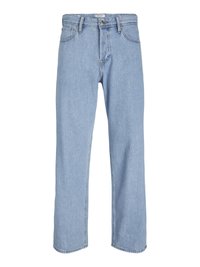 Jean en denim bleu clair avec une coupe droite, un design à cinq poches et une fermeture à bouton en métal. Fini délavé avec de subtils détails de couture.