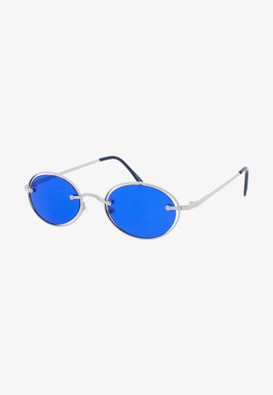 Ovale zonnebrillen met metalen zilveren monturen, blauw getinte lenzen en een minimalistisch ontwerp. Flexibele armen met een donkerblauw accent.